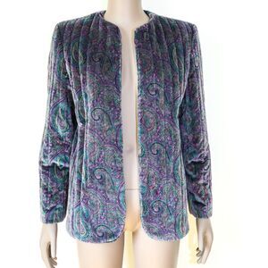 Vintage Quilted Jacket Purple‎ Paisley OverCoat Casual Velvet Blazer Evening Top